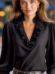 Ruffled V-Neck Long-Sleeve Blouse