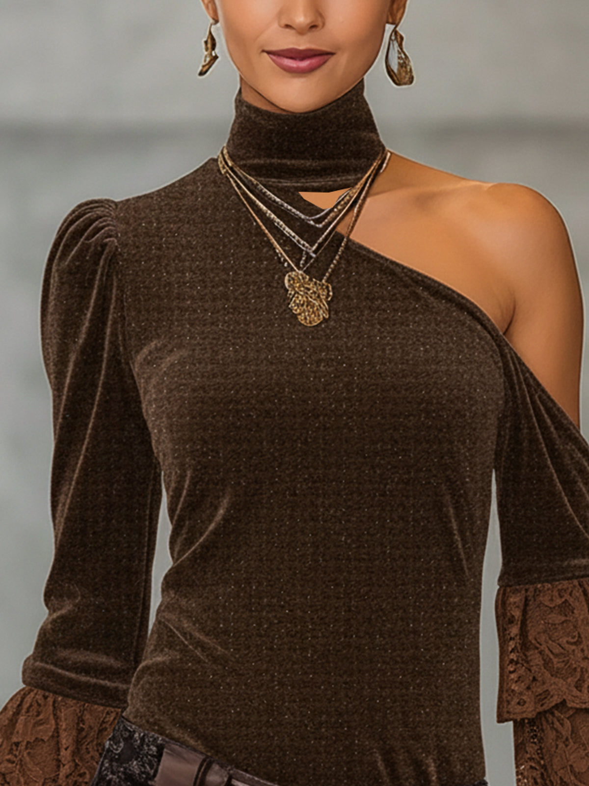 Brown One-Shoulder Velvet Top With Lace Tiered Sleeves