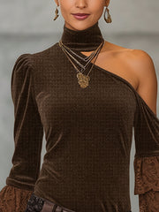 Brown One-Shoulder Velvet Top With Lace Tiered Sleeves