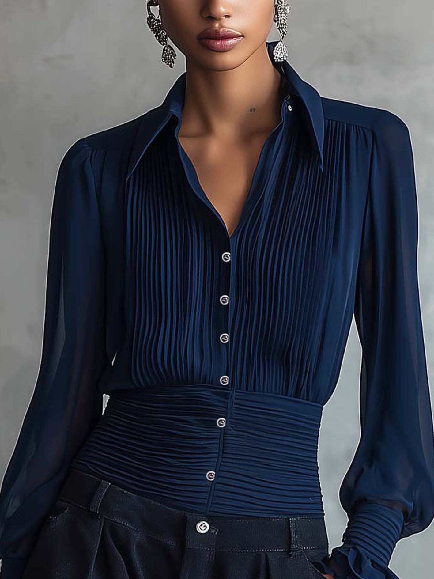 Navy Pleated Button-Up Blouse With Ruffled Cuff Sleeves