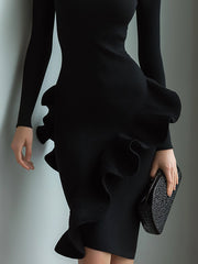 Black High-Neck Ribbed Midi Dress With Ruffle Detail