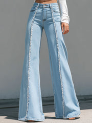 High-Waisted Light Blue Flared Jeans With Raw Edge Seams