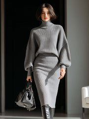 Gray Ribbed Turtleneck Batwing Sweater Dress