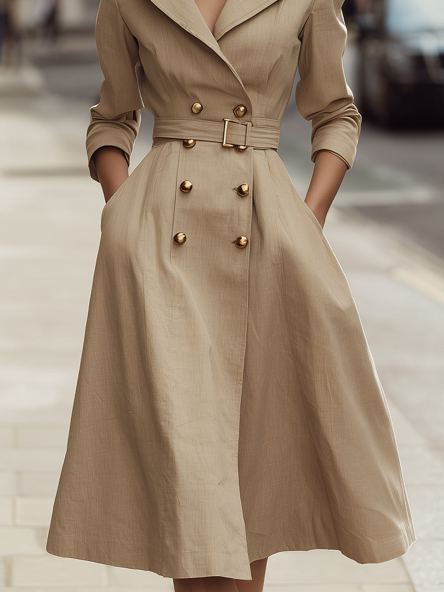 Beige Double-Breasted Belted Trench Coat Dress With Gold Buttons