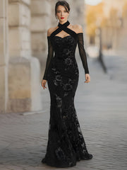 Floral Embroidered Off-Shoulder Mesh Sleeve Mermaid Gown