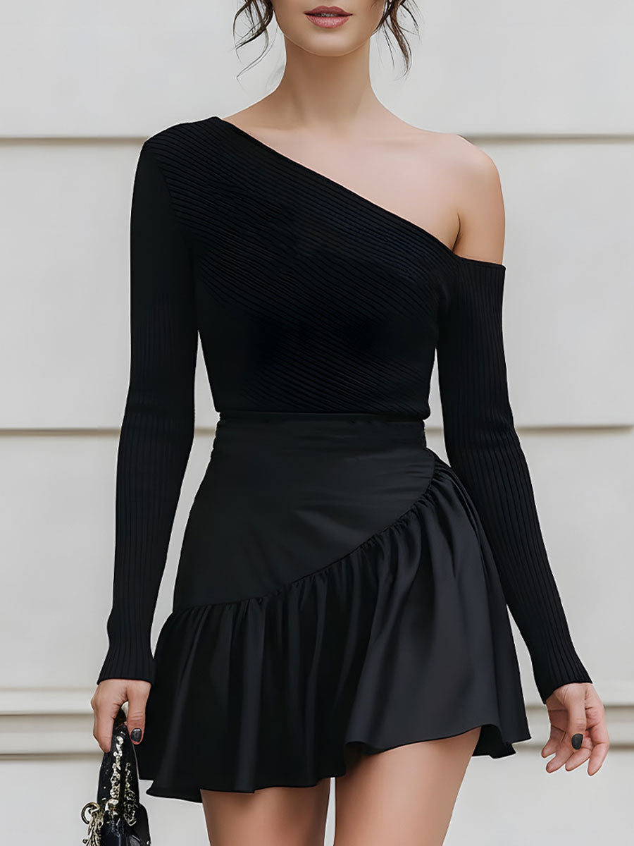 Black One-Shoulder Ribbed Knit Ruffle Hem Mini Dress
