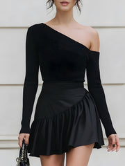 Black One-Shoulder Ribbed Knit Ruffle Hem Mini Dress