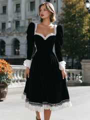 Timeless Grace: Black Velvet Midi Dress With Lace Accents