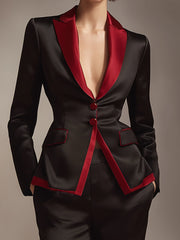 Black And Red Contrast Satin Tailored Pantsuit