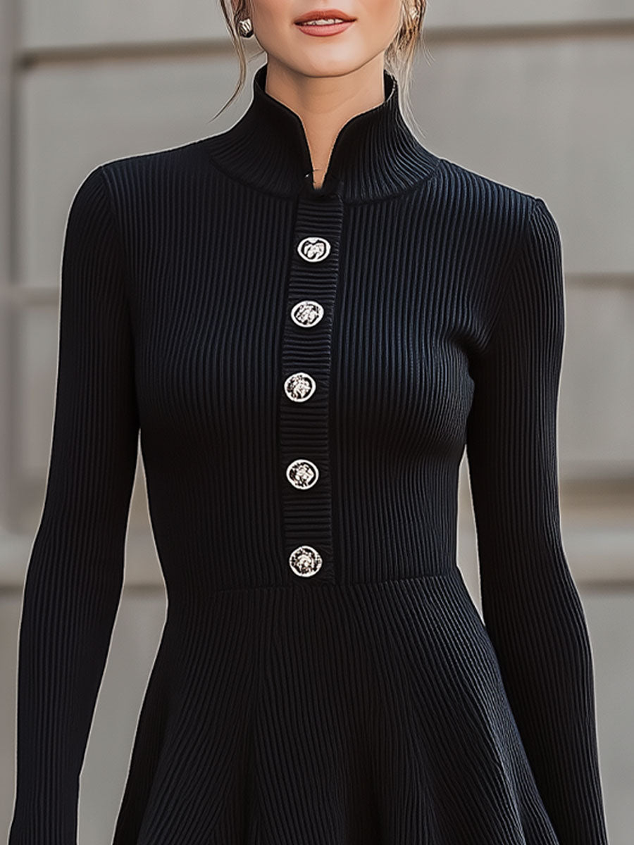 Elegant Black Ribbed Knit High-Neck Mini Dress