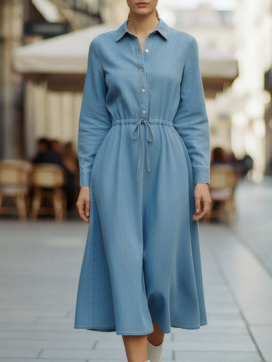 Light Blue Button-Front Drawstring Midi Shirt Dress