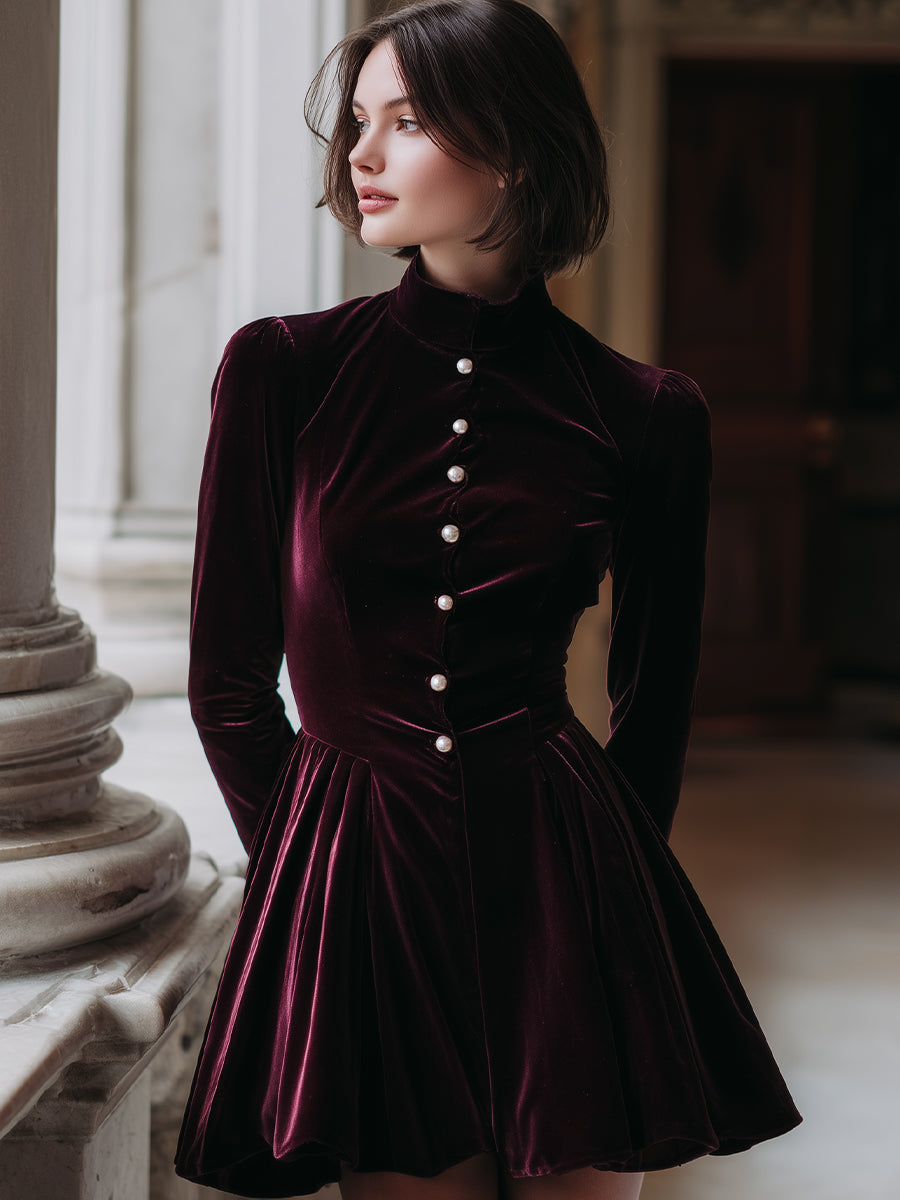Regal Velvet Pearl-Button Fit-and-Flare Dress