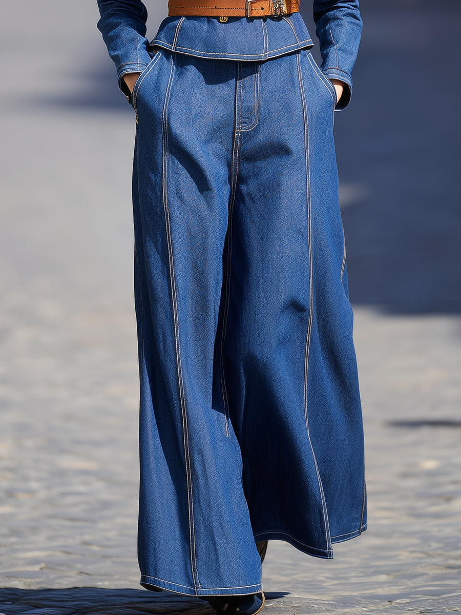 Indigo Tailored Denim Set – Jacket & Wide-Leg Pants