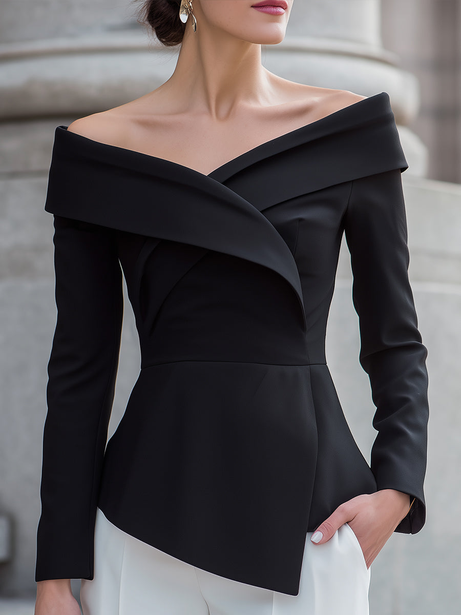 Black Off-Shoulder Structured Peplum Top With Asymmetric Hem