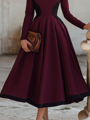 Burgundy Color-Block A-Line Dress With Black Accents
