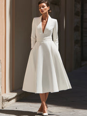 Elegant White Satin A-Line Midi Dress With Deep V-Neck