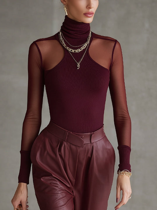 Red Sheer Mesh Panel High Neck Bodysuit T-shirt