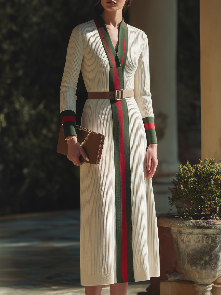 Contrast Trim Belted Ribbed Knit Maxi Dress