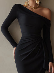 Black One-Shoulder Draped Bodycon Midi Dress