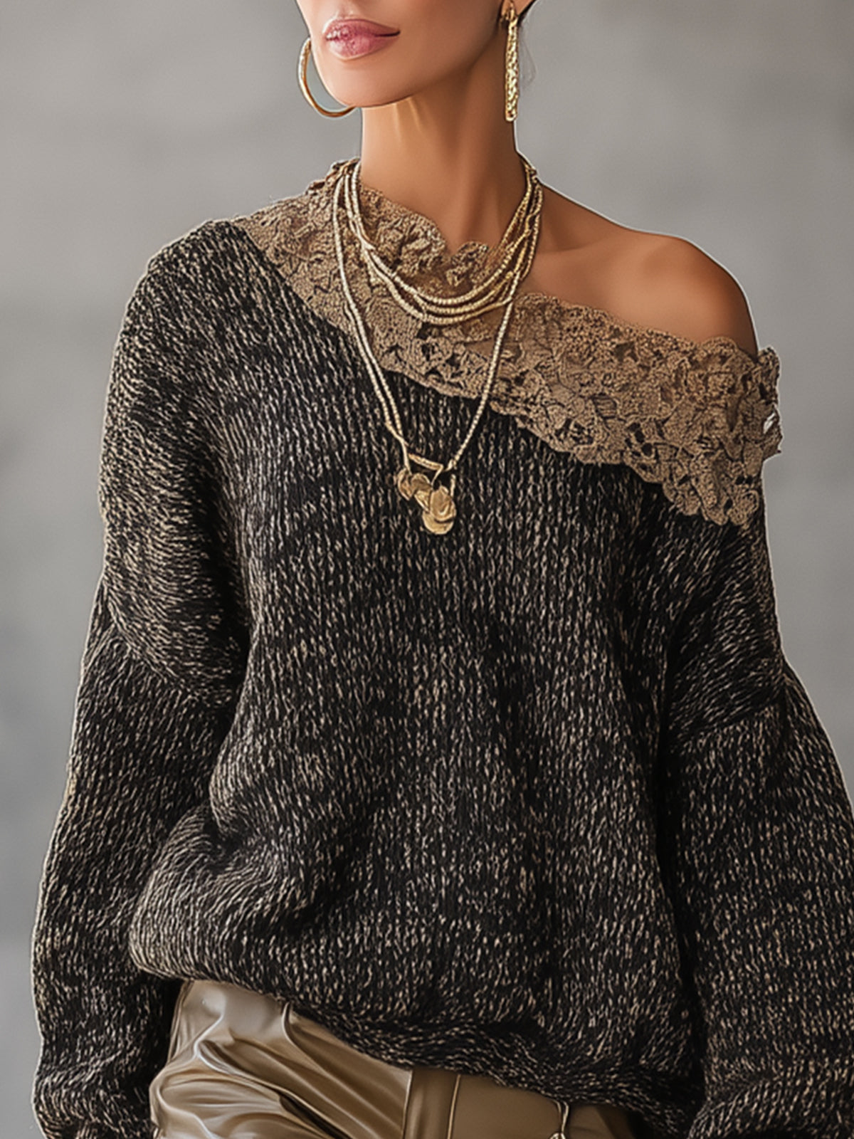 Black Knit Off-Shoulder Lace Trim Sweater