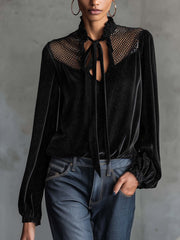 Black Sparkle Velvet Blouse With Mesh Patchwork