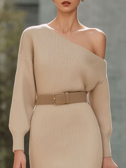 Timeless Knit Elegance: One-Shoulder Beige Midi Dress