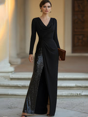 Draped Cowl-Neck Sequin-Panel Evening Gown