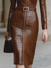 Brown Crocodile-Embossed Leather Midi Dress