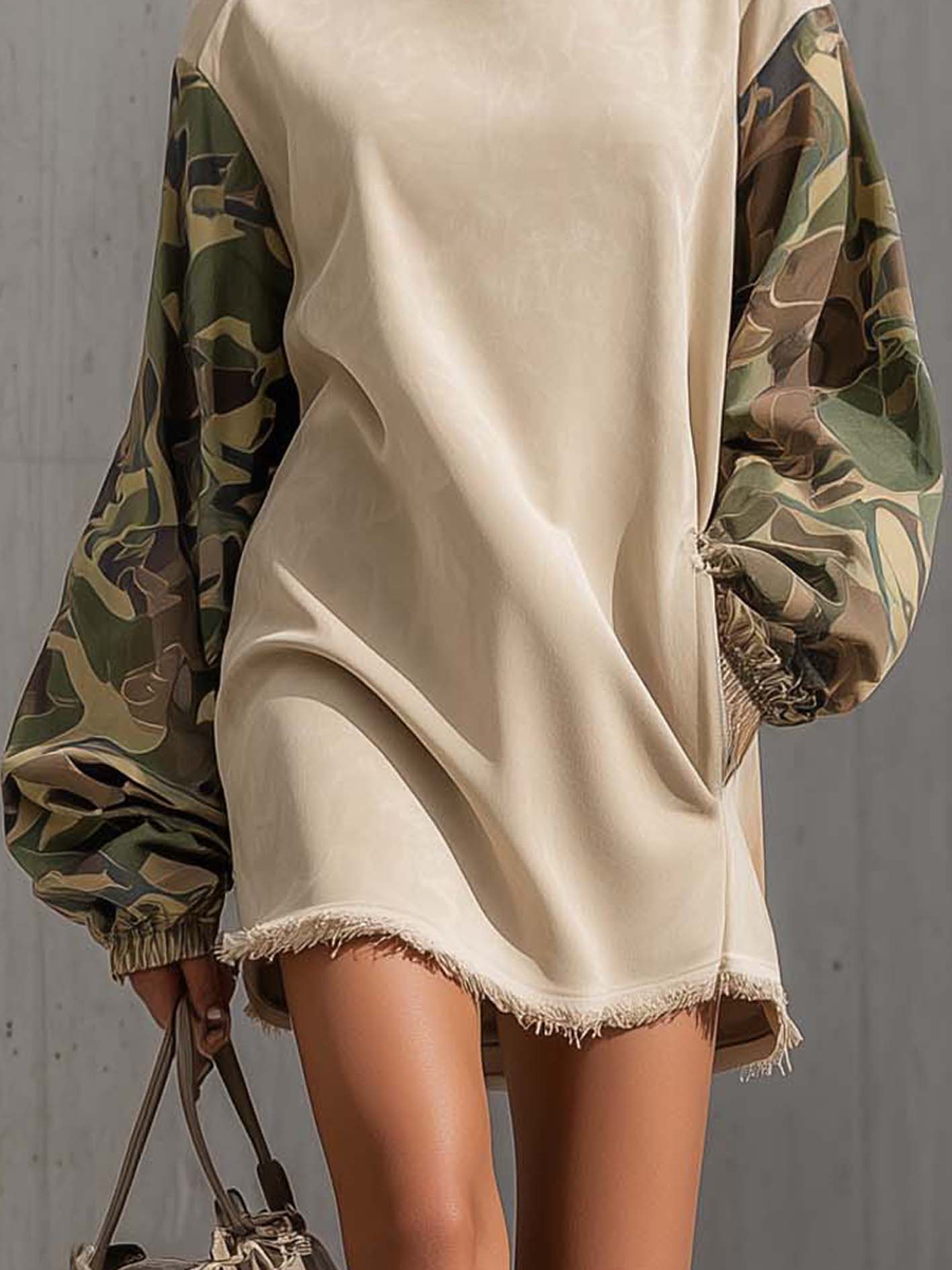 Beige Faux Suede Mini Dress With Camouflage Patchwork Sleeves