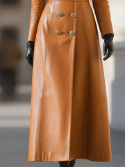 Caramel Leather Double-Breasted Coat With Fur Collar