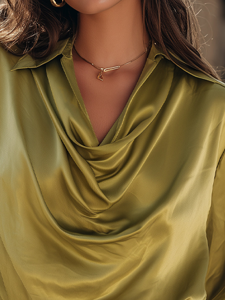Elegant Olive-green Draped Satin Blouse