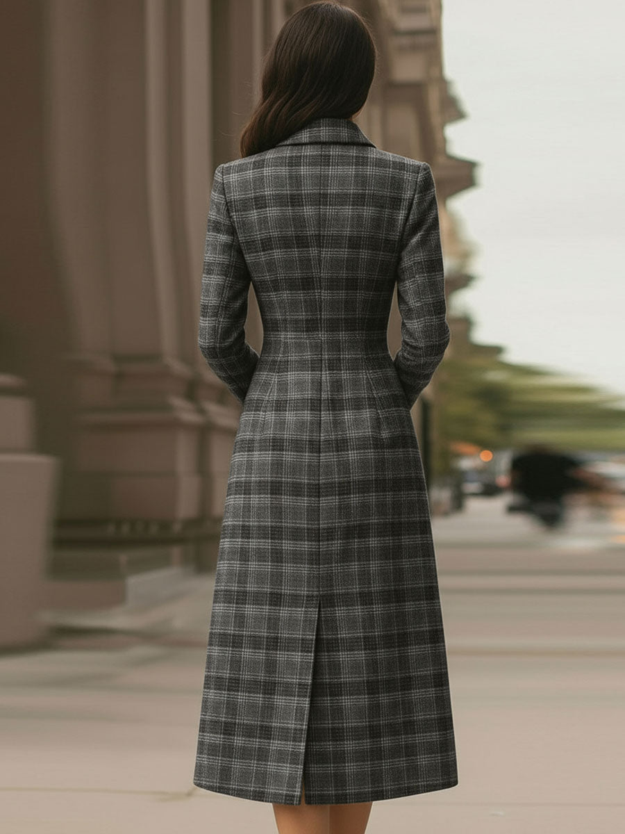 Elegant Plaid Asymmetric Button - Front Midi Dress