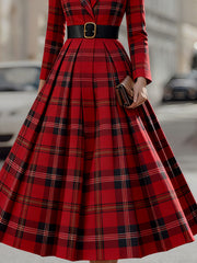 Mooyius Statement Red Plaid Trench Dress With Gold Buckle Belt