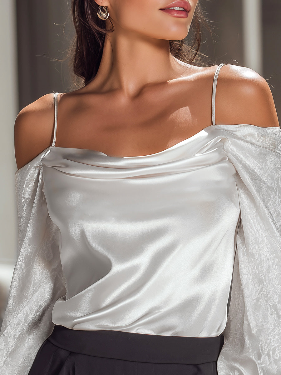 Off-Shoulder Satin Blouse With Textured Sleeves
