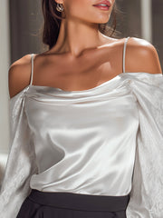 Off-Shoulder Satin Blouse With Textured Sleeves
