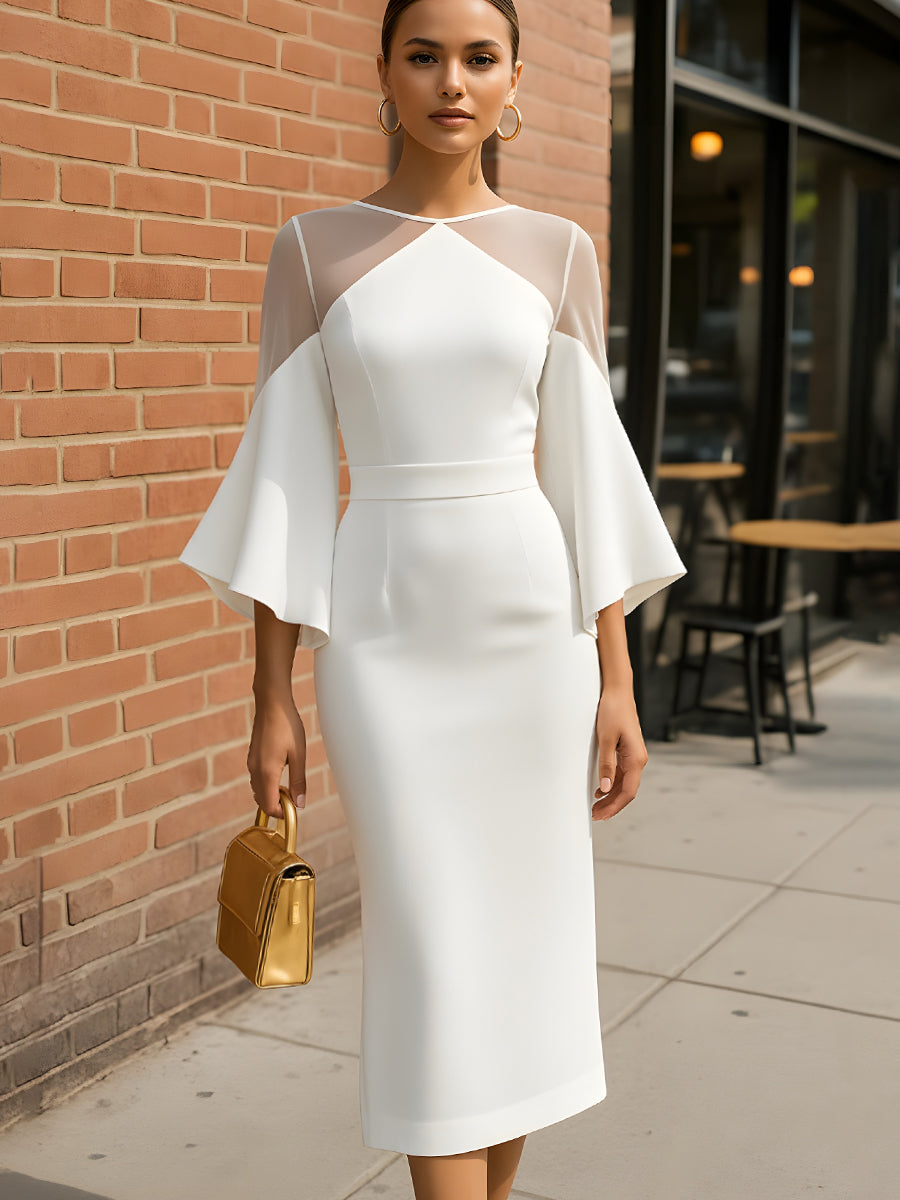 Elegant Sheer-Panel Midi Dress With Flared Sleeves