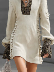 Beige Corduroy Leopard Print Turn-down Collar And Cuff Ruffle Mini Dress