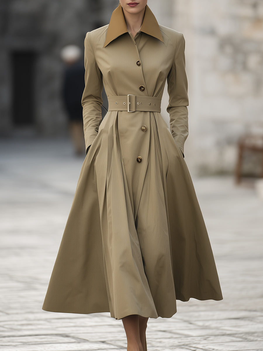 Camel Contrast Collar Belted Trench Coat Dress