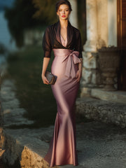 Elegant Draped Evening Gown With Sheer Shawl Overlay