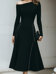 Black Off-Shoulder Midi Dress With Side Zipper Detail