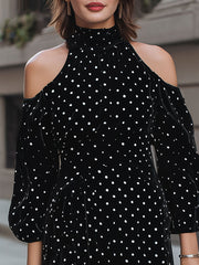 Chic Black Polka Dot Velvet Cold-Shoulder Mini Dress