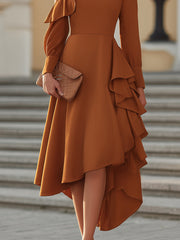 Asymmetrical Ruffle Detail One-Shoulder Midi Dress