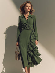 Olive Green Long-Sleeve Wrap Dress With Cascading Ruffle Detail