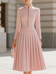 Elegant Blush Pink Pleated Midi Dress With Stand Collar