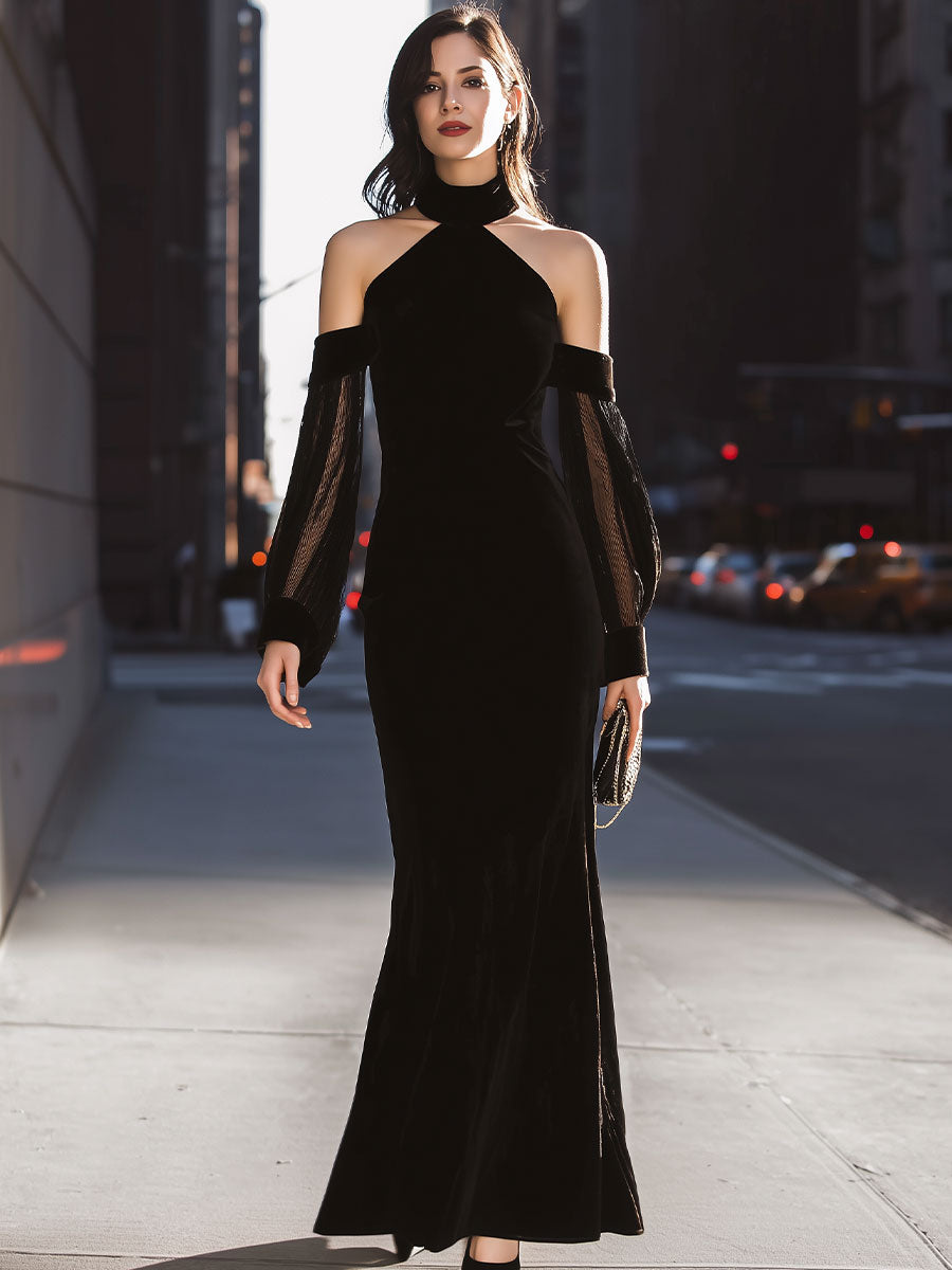 Black Velvet Off-Shoulder Mesh-Sleeve Mermaid Gown