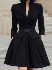 Structured Belted Blazer And Pleated A-Line Skirt Set