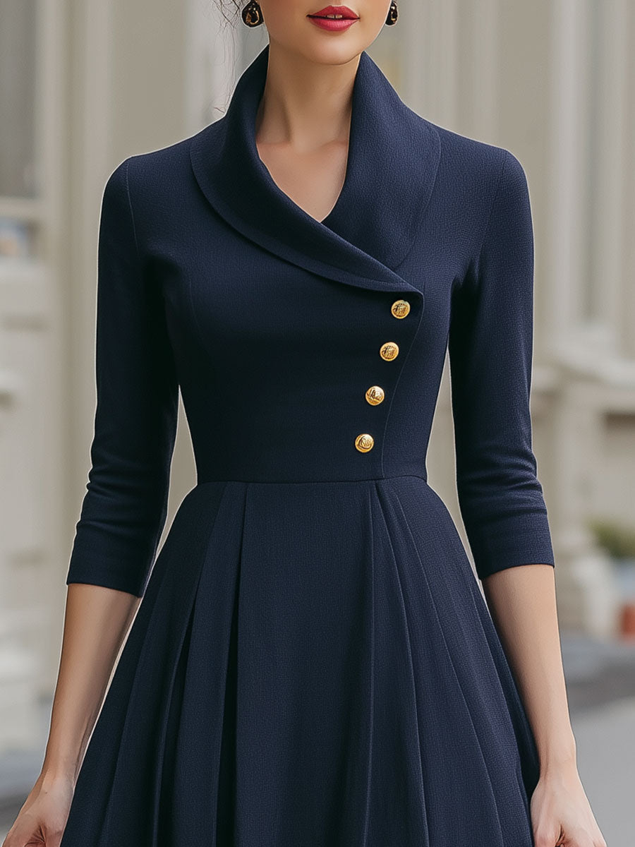 Navy Blue Shawl Collar Midi Dress