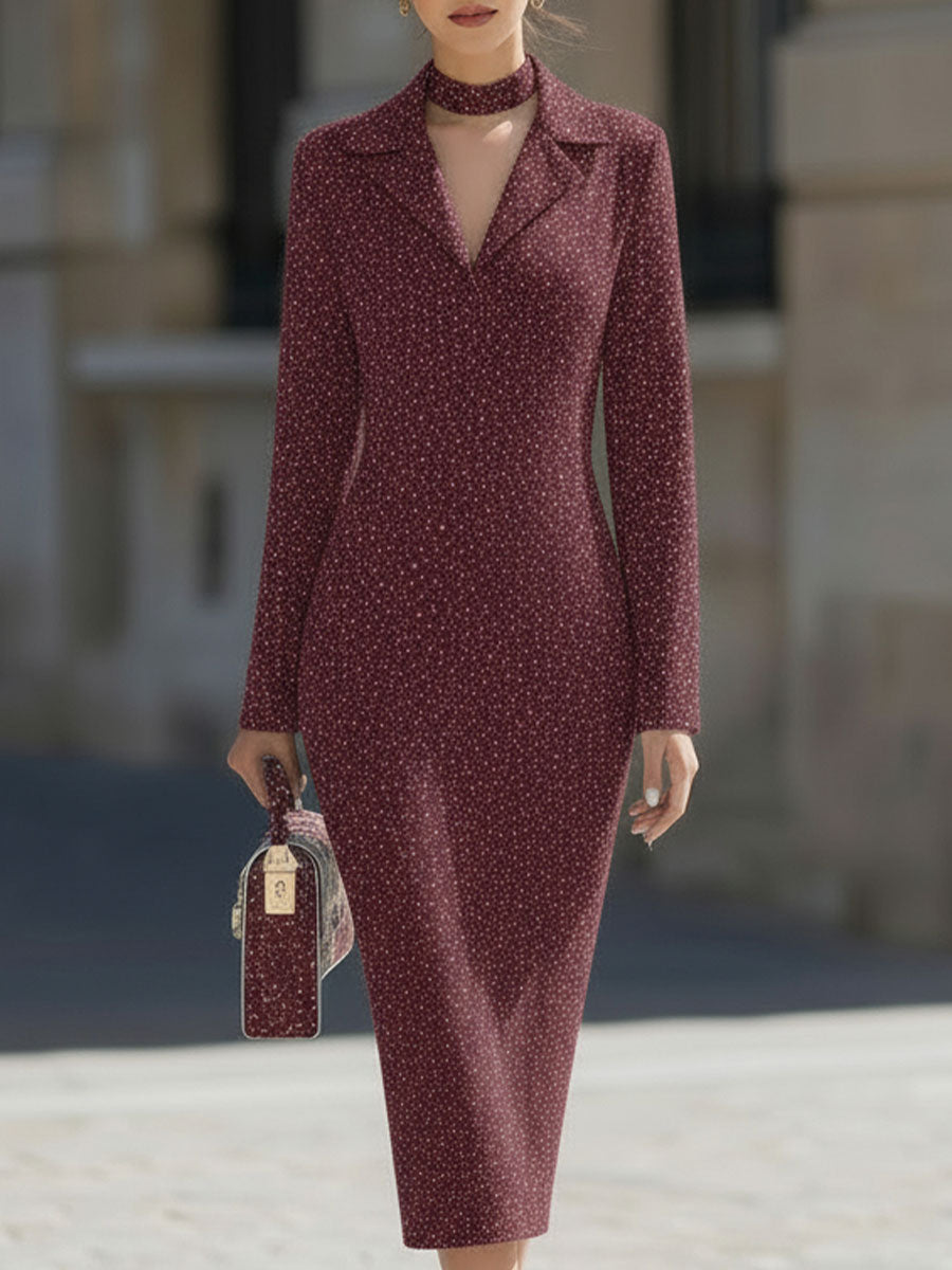 Elegant Burgundy Speckled Blazer-Collar Midi Sheath Dress