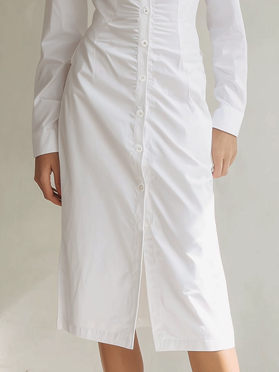 Elegant White Ruched Midi Shirt Dress