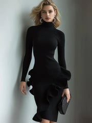 Black High-Neck Ribbed Midi Dress With Ruffle Detail